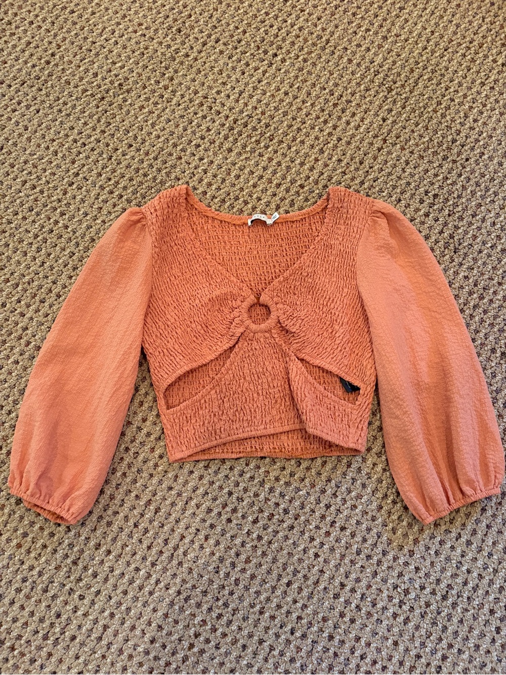 Lush Rust Orange Smocked Puff-Sleeve Top with Ring Tie